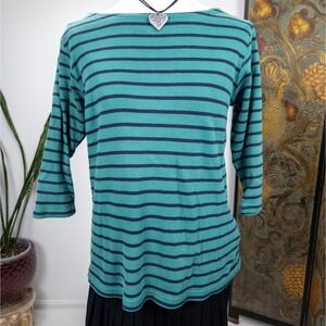 Y2K Teal Striped Ribbed Cotton Top L.L.Bean‎ Womens Medium